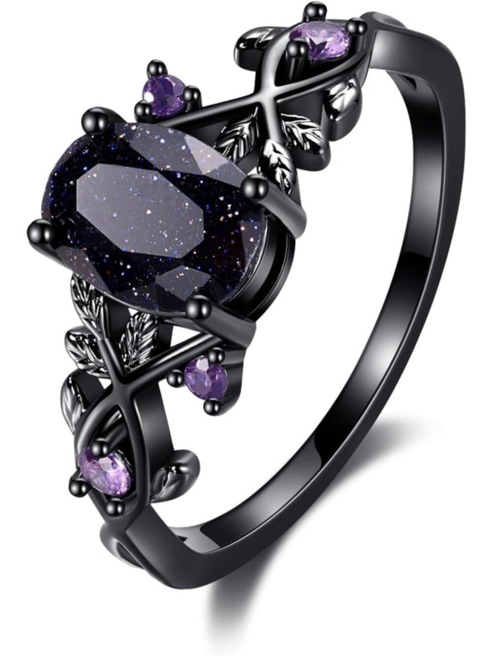 Gothic Leaf Blue Sandstone Ring for Women - 18K Black Gold Plated Vine Band